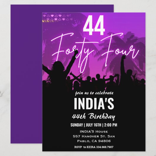 44e verjaardagsfeestje roze neon uitnodiging (Voorkant / Achterkant)