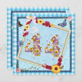 44e verjaardagsfeestje Uitnodiging bloemen, vlinde (Voorkant / Achterkant)