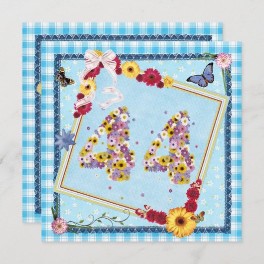 44e verjaardagsfeestje Uitnodiging bloemen, vlinde (Voorkant / Achterkant)