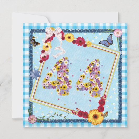 44e verjaardagsfeestje Uitnodiging bloemen, vlinde (Voorkant)
