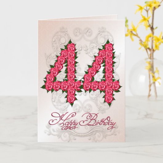 44e verjaardagskaart met rozen en bladeren kaart (Gele Bloem)