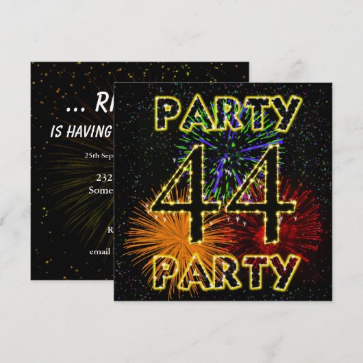 44ste verjaardag uitnodiging met vuurwerk (Voorkant / Achterkant)