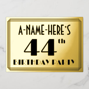 44ste verjaardagsfeest — Art Deco-look “44” + naam Folie Uitnodiging