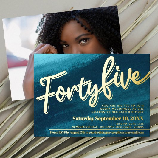 45 45e Verjaardag aqua blauwgroen gouden foto Folie Uitnodiging