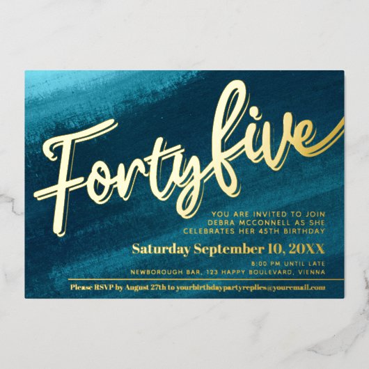 45 45e Verjaardag aqua blauwgroen gouden foto Folie Uitnodiging (Voorkant)