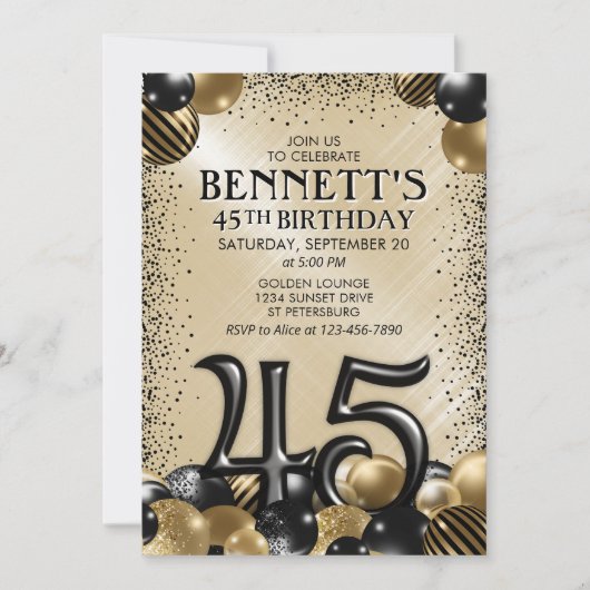 45 Ballonnen Zwart Gouden Verjaardag Kaart (Voorkant)