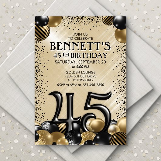 45 Ballonnen Zwart Gouden Verjaardag Kaart