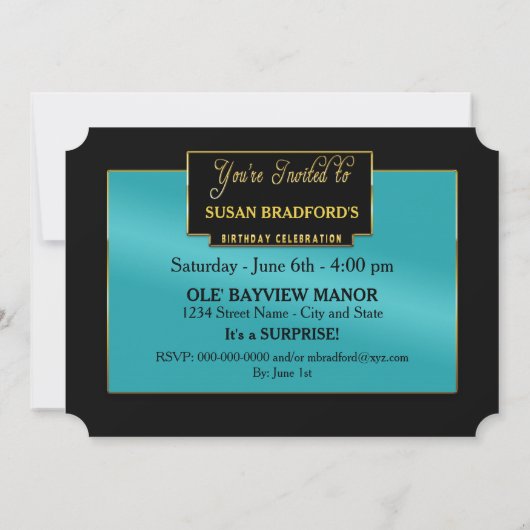 45 JAAR TWEEDE PARTIJENINVITATIE AQUA/ZWARTE ACK KAART (Achterkant)