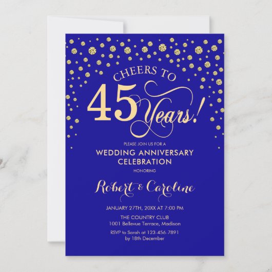 45-jarig jubileumfeest - saffierblauw goud kaart (Voorkant)