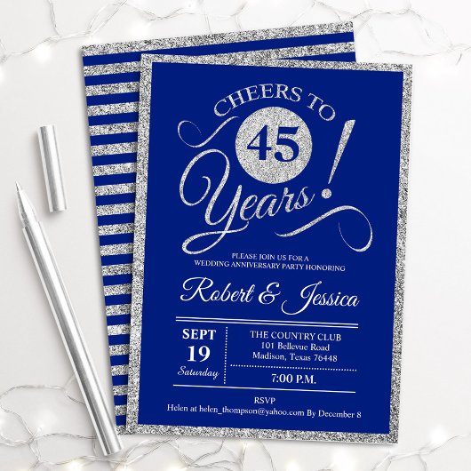 45-jarig jubileumfeest - saffierblauw zilver kaart