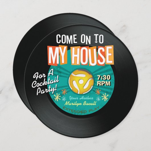 45 RPM RecordCome On My House Party Invitations Kaart (Voorkant / Achterkant)