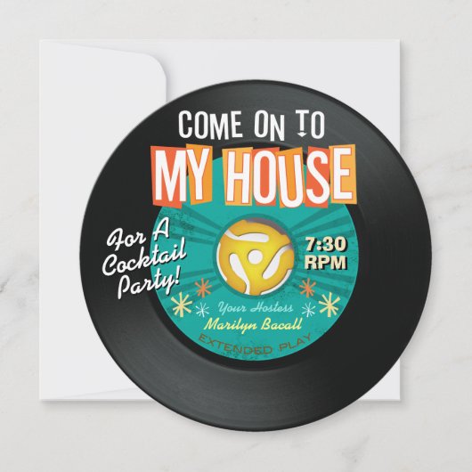45 RPM RecordCome On My House Party Invitations Kaart (Voorkant)
