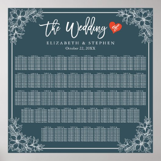 45+ Tables Blue White Floral Wedding Seating Chart Poster (Voorkant)