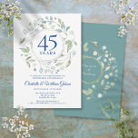 45e 65e bruiloft Jubileum Laurel Greenery Kaart<br><div class="desc">Een decoratieve laurelgroenerige tuin omcirkelt een cirkelvormige grens met 45 of 65 jaar sapphire blue typografie. Onder uw verjaardagsgebeurtenis worden de details geplaatst in klassieke elegante teksten. Het omgekeerde bevat de namen van de gehuwde echtgenoten die in een bijpassende bloemengrond zijn geplaatst. Ontworpen door: Thisnotme©</div>