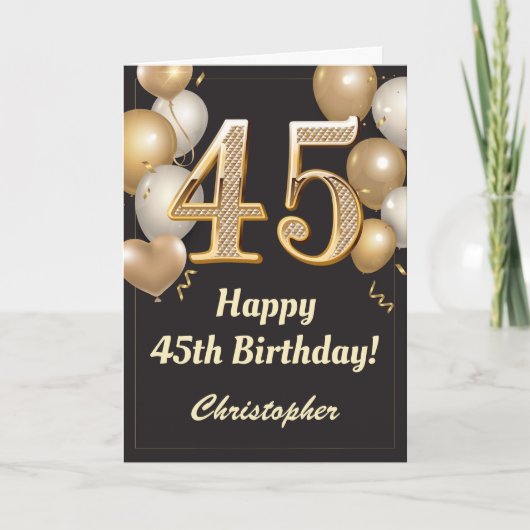 45e Birthday Black en Gold Balloons Confetti Kaart (Voorkant)