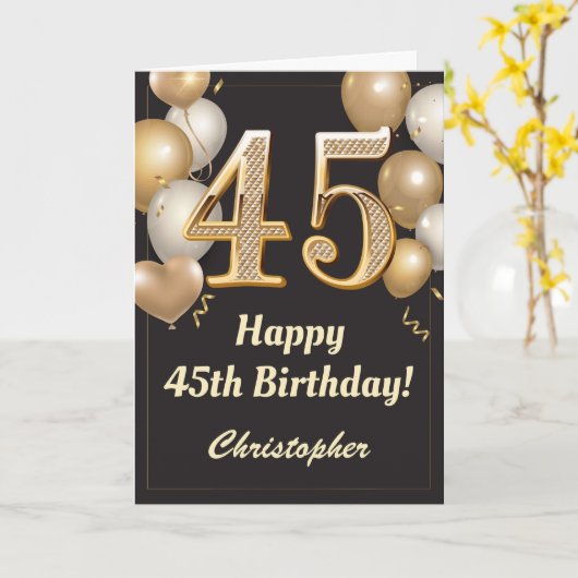 45e Birthday Black en Gold Balloons Confetti Kaart (Gele Bloem)