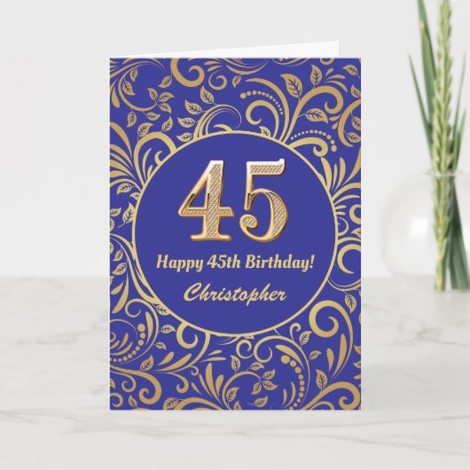 45e Birthday Navy Blue en Gold Floral Pattern Kaart (Voorkant)