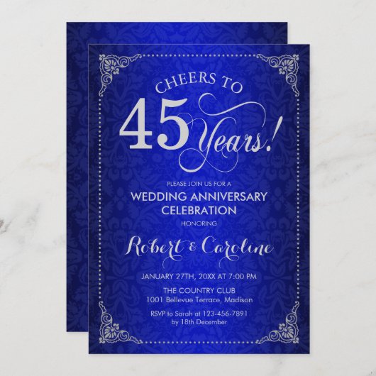 45e bruiloft Jubileum - Blauw Zilveren Damask Kaart (Voorkant / Achterkant)