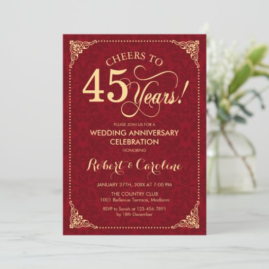 45e bruiloft Jubileum - Ruby Red Gold Damask Kaart (Staand voorkant)