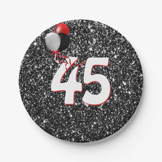 45e geboortedag ballonnen op zwarte glitter papieren bordje (Voorkant)