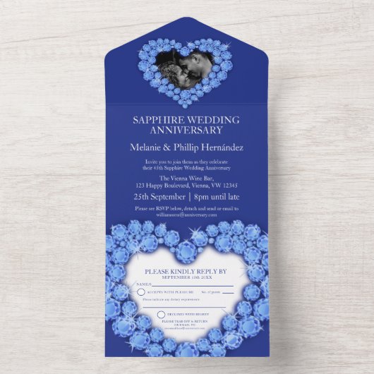 45e saffier bruiloft foto blauw all in one uitnodiging (Binnen)