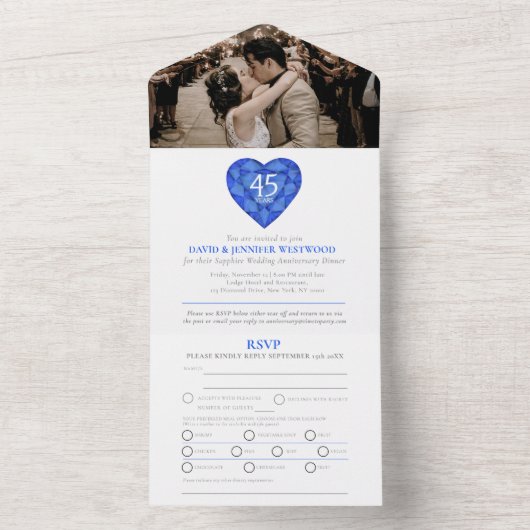 45e saffier bruiloft hart blauw foto all in one uitnodiging (Binnen)