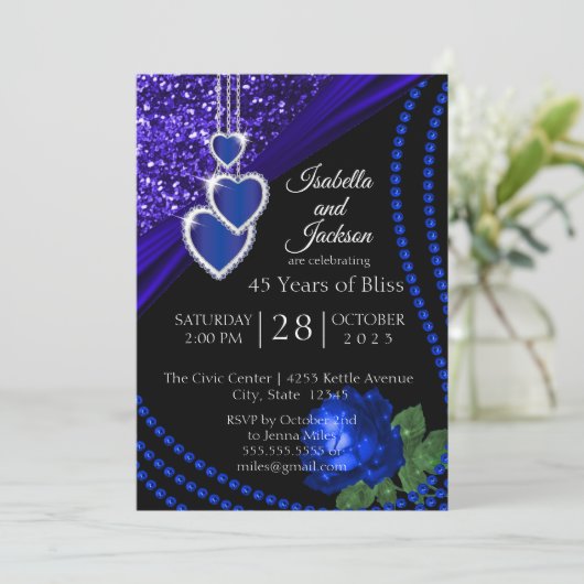 45e Sapphire Blauw Glitter en Roze Jubileum Kaart (Staand voorkant)