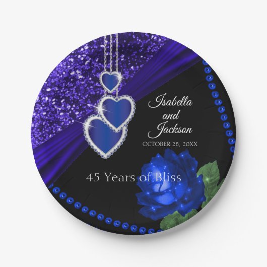 45e Sapphire Blue Glitter en Roos Jubileum Papieren Bordje (Voorkant)