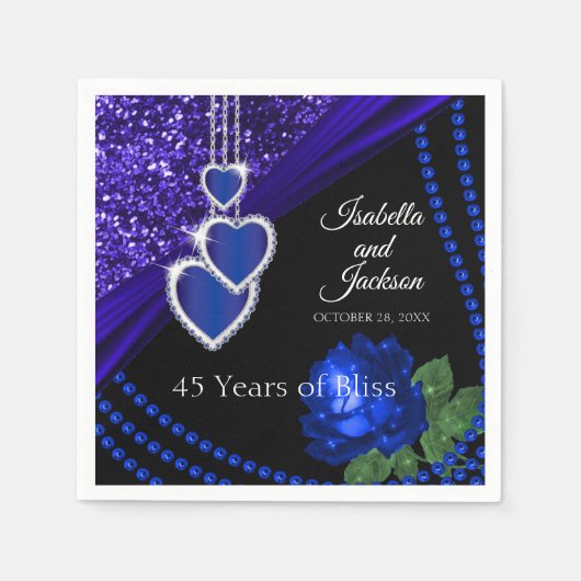 45e Sapphire Blue Glitter en Roos Jubileum Servet (Voorkant)