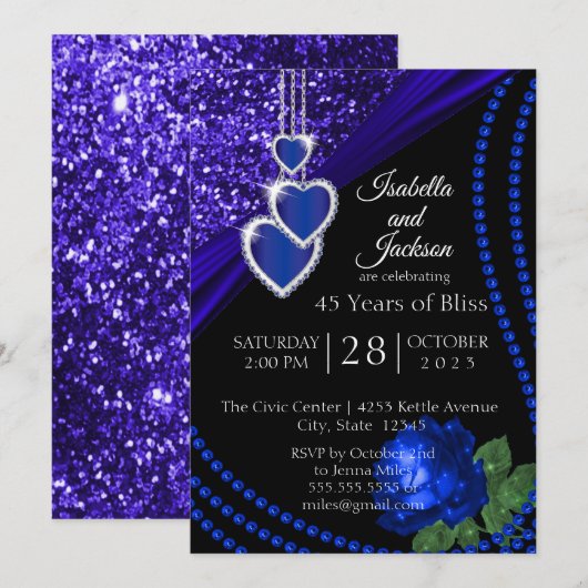 45e Sapphire Blue Glitter en Rose Jubileum Kaart (Voorkant / Achterkant)