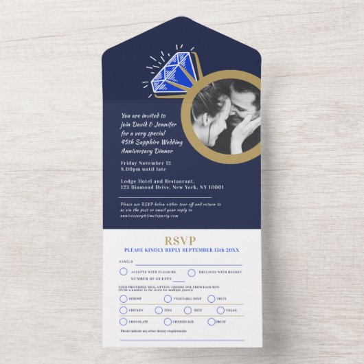 45e trouwdag diner saffieren ring maaltijd all in one uitnodiging (Binnen)