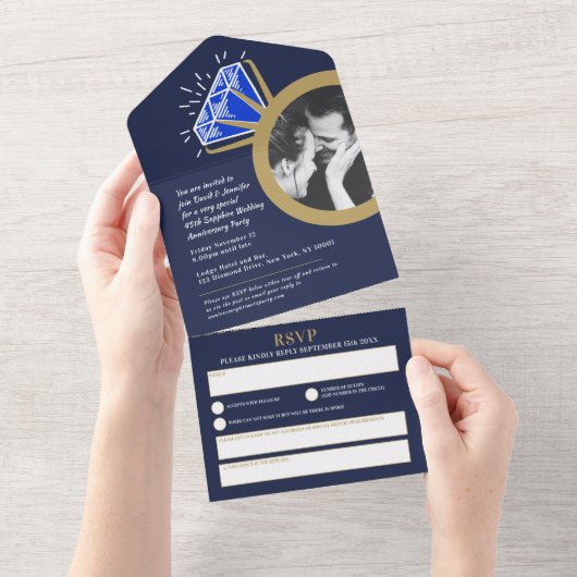 45e trouwdag feestje blauwe saffier ring all in one uitnodiging (Afscheurbaar)