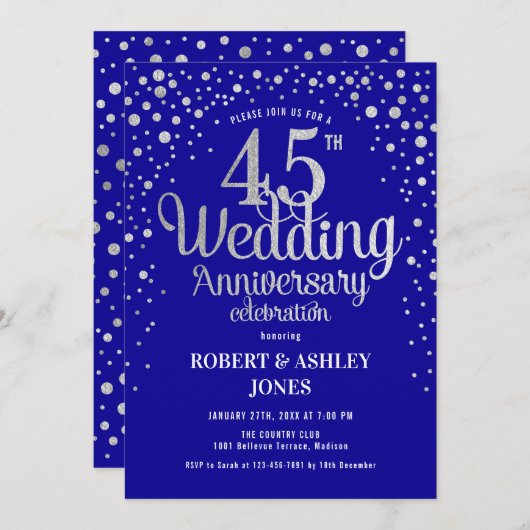 45e trouwdag - saffierblauw en zilver kaart (Voorkant / Achterkant)