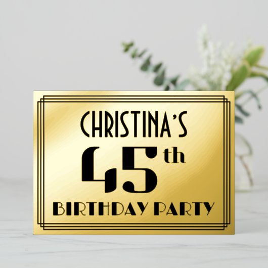 45e verjaardag: Art Deco Kijk "45" en naam Folie Uitnodiging (Staand Voorkant)