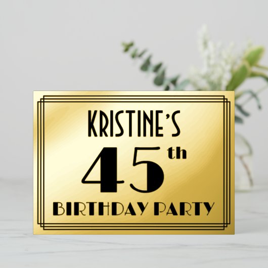 45e verjaardag — Art Deco look "45" + naam Folie Uitnodiging (Staand Voorkant)