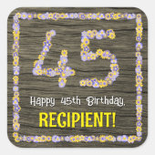 45e verjaardag: Bloemennummer, Faux Wood Look, Naa Vierkante Sticker (Voorkant)
