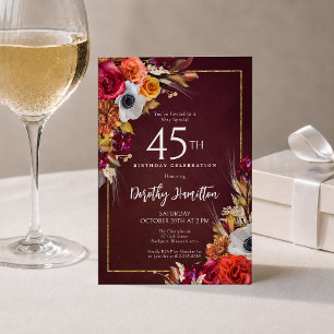 45e verjaardag bordeauxrood herfstbloemen elegante kaart