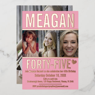 45e verjaardag drie foto's zacht roze en roos goud folie uitnodiging