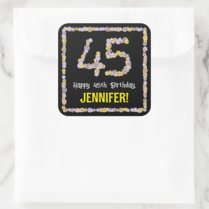 45e verjaardag: Floral Flowers Number, Custom Name Vierkante Sticker