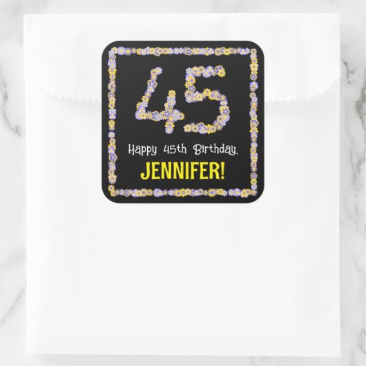 45e verjaardag: Floral Flowers Number, Custom Name Vierkante Sticker (Tas)