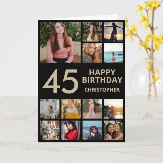 45e verjaardag Foto Collage 13 Foto's Black & Gold Kaart (Gele Bloem)