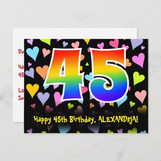 45e verjaardag: Fun Hearts Pattern, Rainbow 45 Briefkaart (Voorkant / Achterkant)