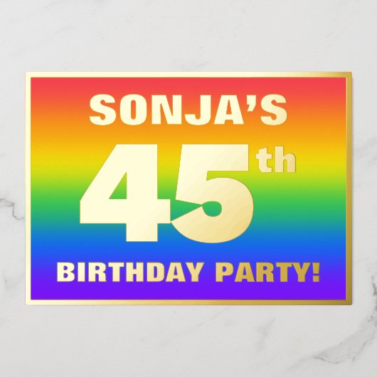 45e verjaardag: Fun, kleurrijk regenboogpatroon Folie Uitnodiging (Voorkant)