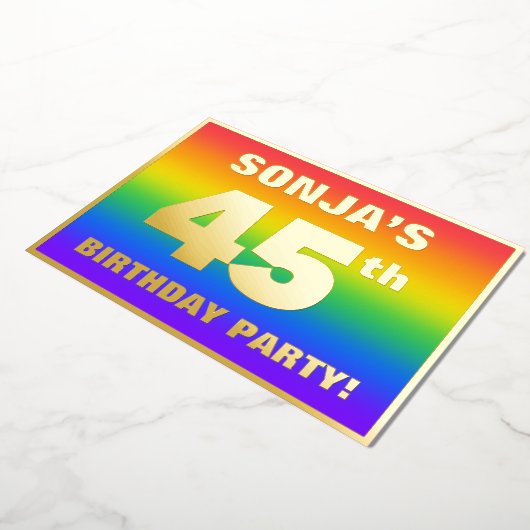 45e verjaardag: Fun, kleurrijk regenboogpatroon Folie Uitnodiging (Gedraaid)