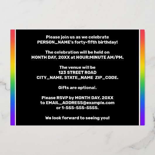 45e verjaardag: Fun, kleurrijk regenboogpatroon Folie Uitnodiging (Achterkant)