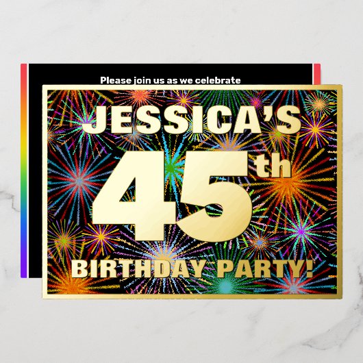 45e verjaardag — Fun, kleurrijke Fireworks look Folie Uitnodiging (Voorkant / Achterkant)