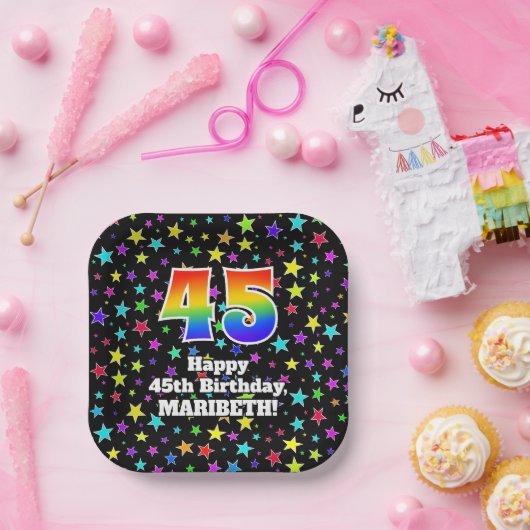 45e verjaardag: Fun Stars Pattern and Rainbow "45" Papieren Bordje (Feest)