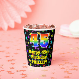 45e verjaardag: Fun Stars Pattern en Rainbow 45 Papieren Bekers