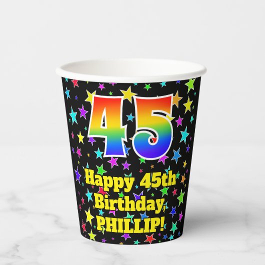 45e verjaardag: Fun Stars Pattern en Rainbow 45 Papieren Bekers (Voorkant)
