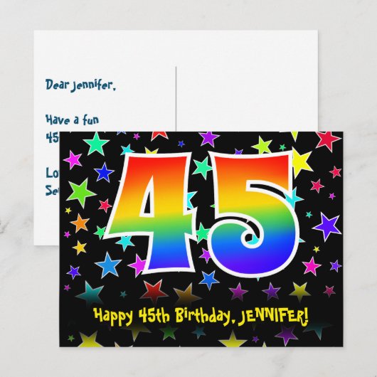 45e verjaardag: Fun Stars Pattern, Rainbow 45, Naa Briefkaart (Voorkant / Achterkant)